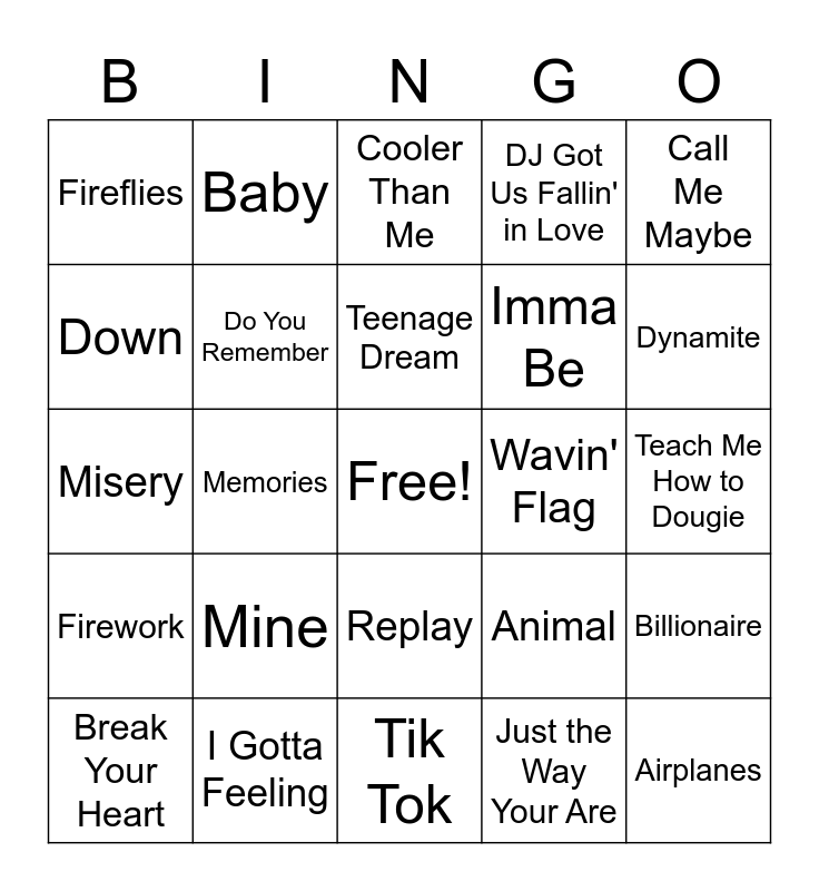 2010's Music Bingo Card