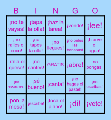 Informal Commands with Cooking Vocabulary Bingo Card