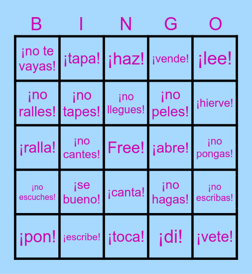 Informal Commands with Cooking Vocabulary Bingo Card