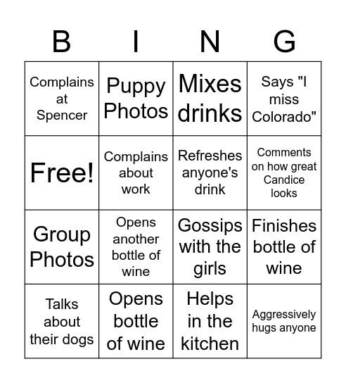 Family Bingo: Susan/Kayla Bingo Card