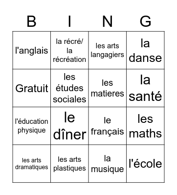 Les matieres MB Bingo Card