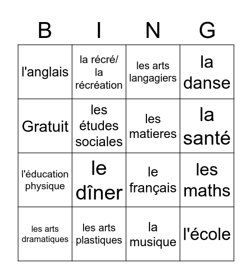 Les matieres MB Bingo Card