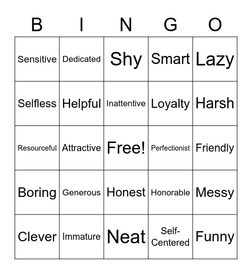 Characterization Bingo Card