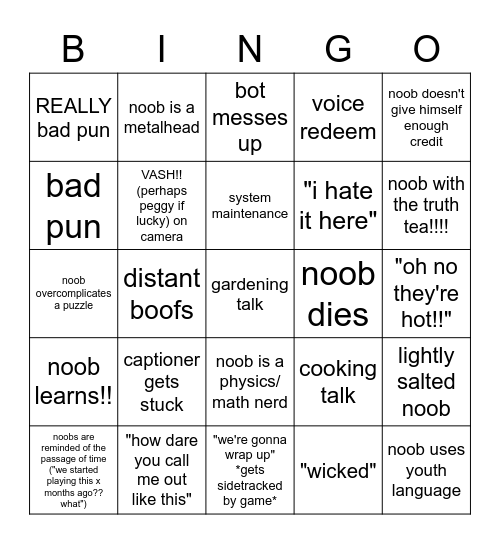 perpetual noob bingo Card