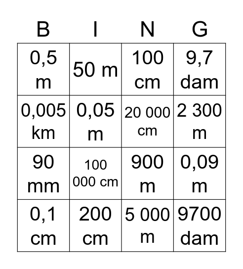 Unidades de medidas de comprimento Bingo Card