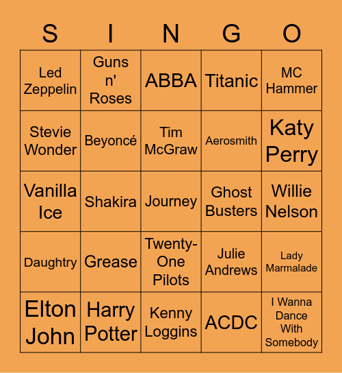 SINGO Bingo Card