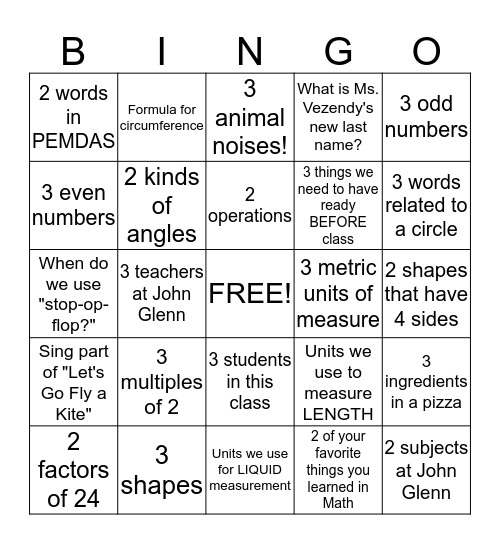 Math Bingo Card