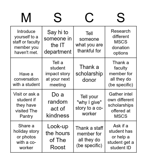 MSCS Employee Bingo Card