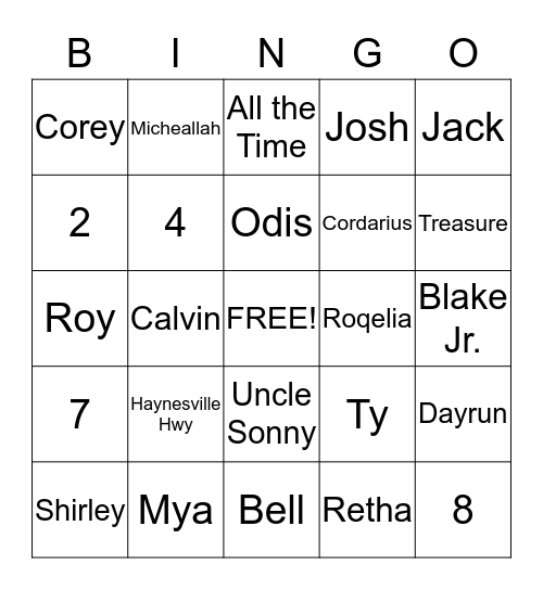 Aubrey Bingo Card