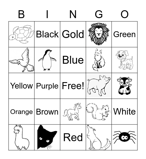 Animals and Colors Bingo Card