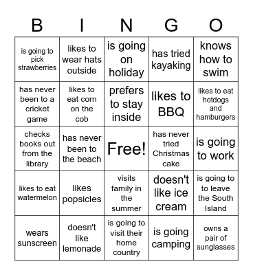 Find someone who - summer activities Bingo Card