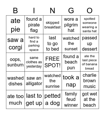 Thanksgiving at Hilton Head Bingo Card