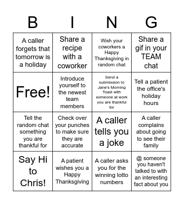 Turkey Time Bingo Card