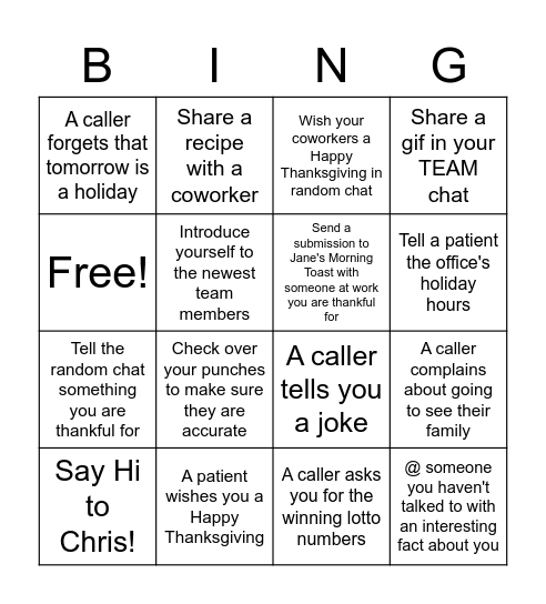 Turkey Time Bingo Card