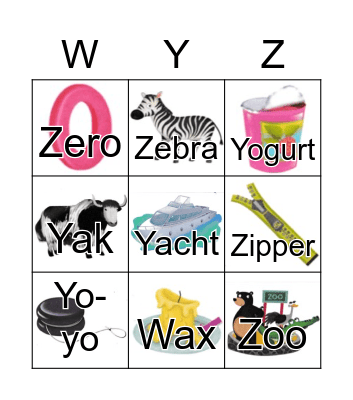 W-Z Phonics Bingo Card