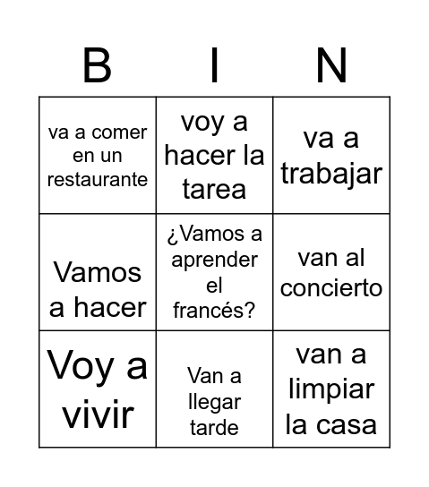 IR + a + Infinitivo Bingo Card