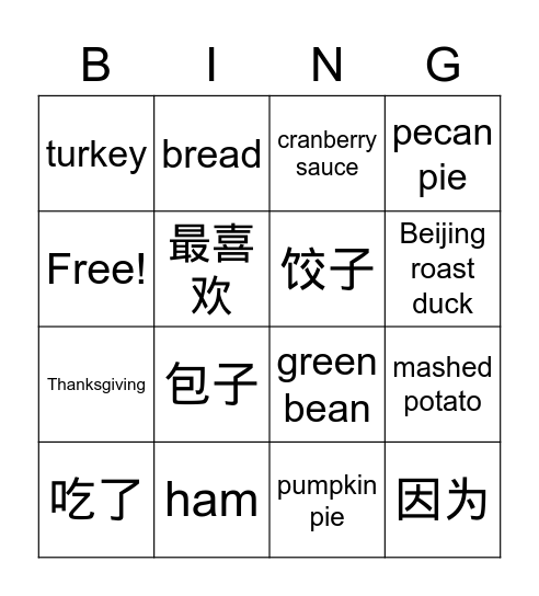 Thanksgiving vocab Bingo Card