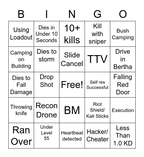 Warzone Bingo Card