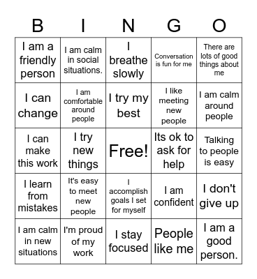 Positive self-talk Bingo Card