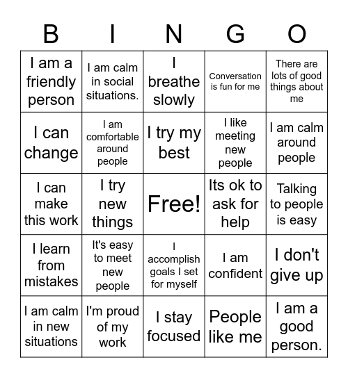 Positive self-talk Bingo Card