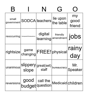 House Budget Bingo Card