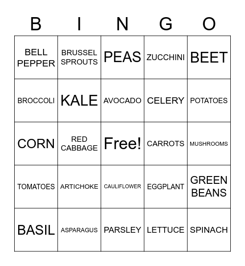 VEGGIE BINGO Card