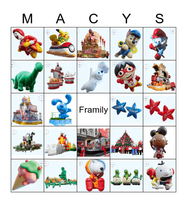 Macy's Thanksgiving Parade Bingo Card