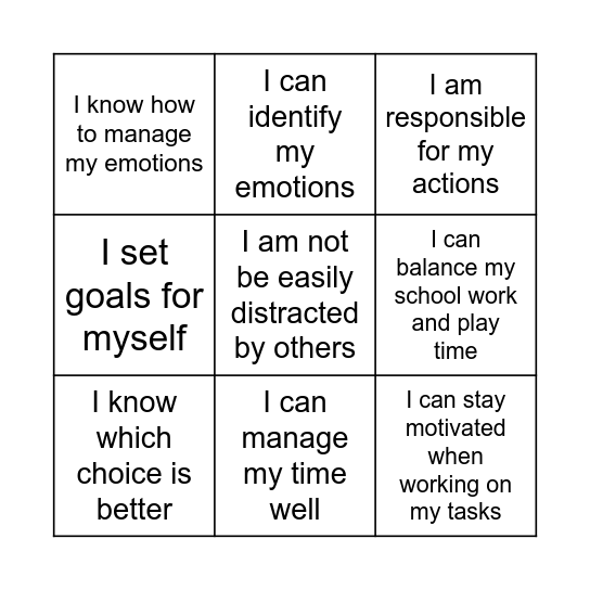 self-management Bingo Card