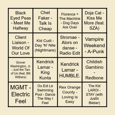 Prince Music Bingo Round 2 Bingo Card