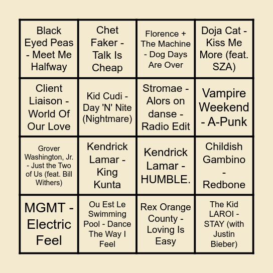 Prince Music Bingo Round 2 Bingo Card