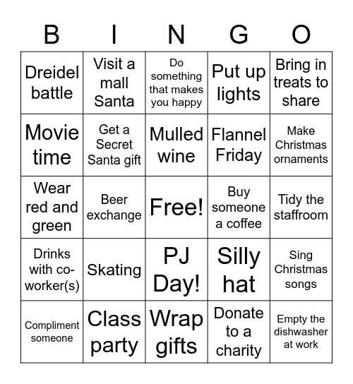 Holiday COUNTDOWN Bingo Card