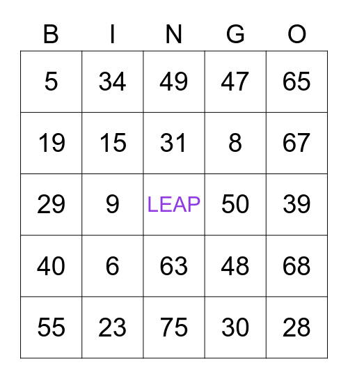 ***LEAP BINGO*** Bingo Card