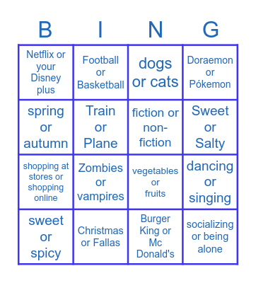 Preferences Bingo Card