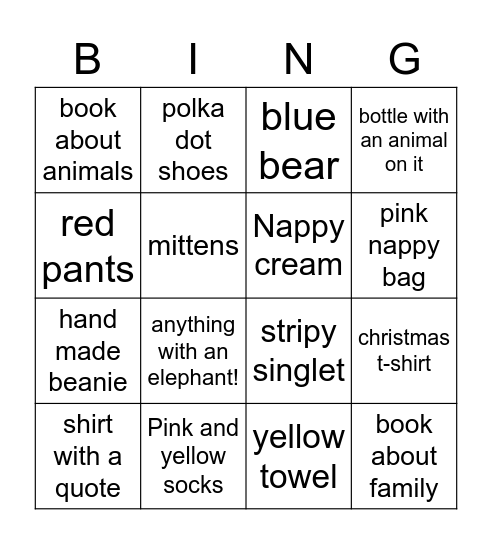 Tiny Tots Donation Bingo Card