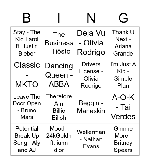 Tik Tok Bingo Card