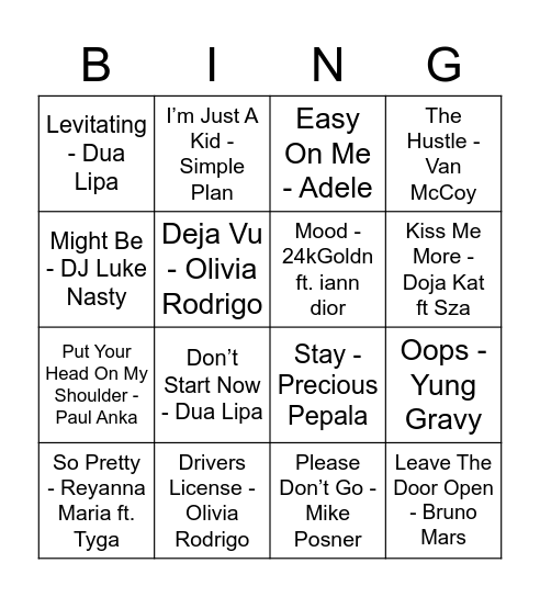 Tik Tok Bingo Card