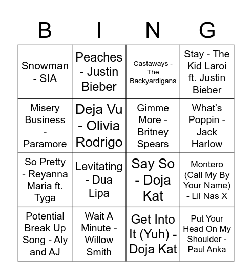 Tik Tok Bingo Card