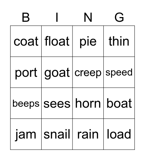 ai, oa, ee, ie and or words Bingo Card