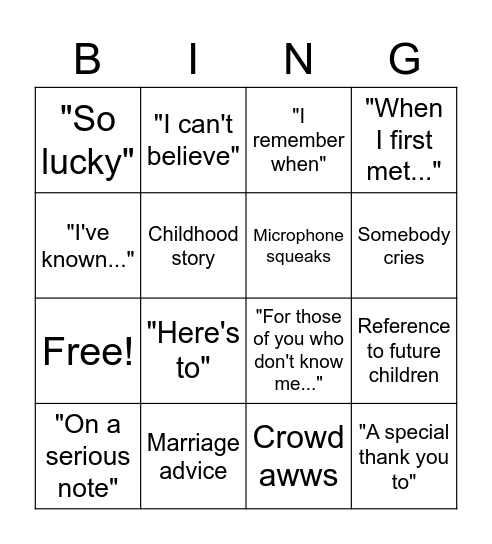 Wedding Speech Cliches Bingo Card