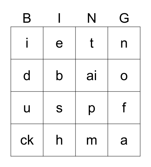 Jolly Phonics Bingo Card