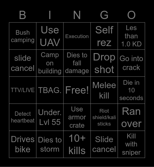 Warzone Bingo Card