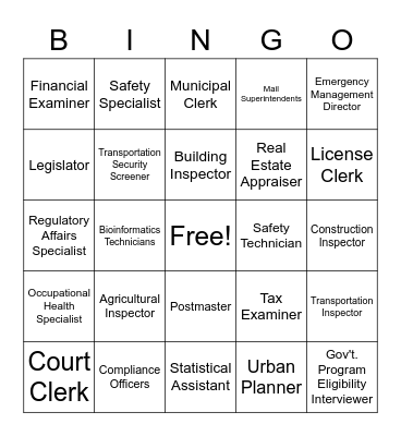 Gov't. & Public Administration Careers Bingo Card