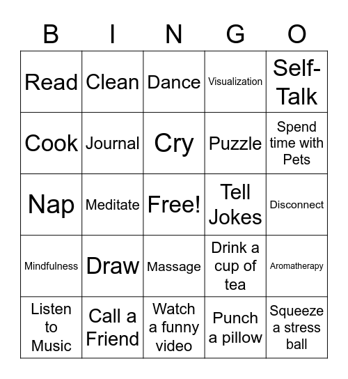 Stress and Relaxation Bingo Card