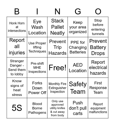 Safety Bingo Card