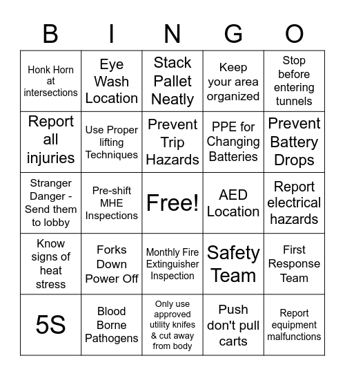 Safety Bingo Card