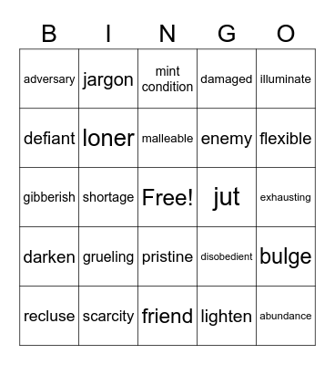 Vocabulary 1-10 Bingo Card