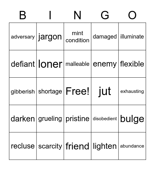 Vocabulary 1-10 Bingo Card