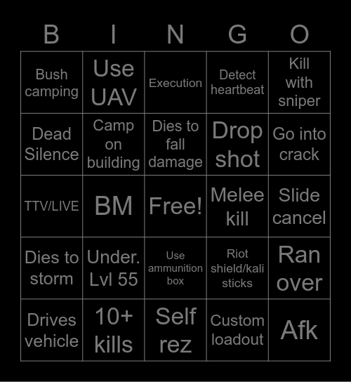 Warzone Bingo Card
