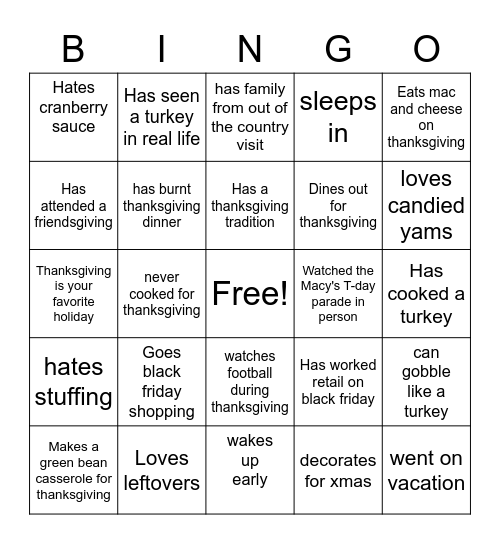 THANKSGIVING Bingo Card