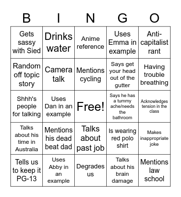Kyles Law Class Bingo Card